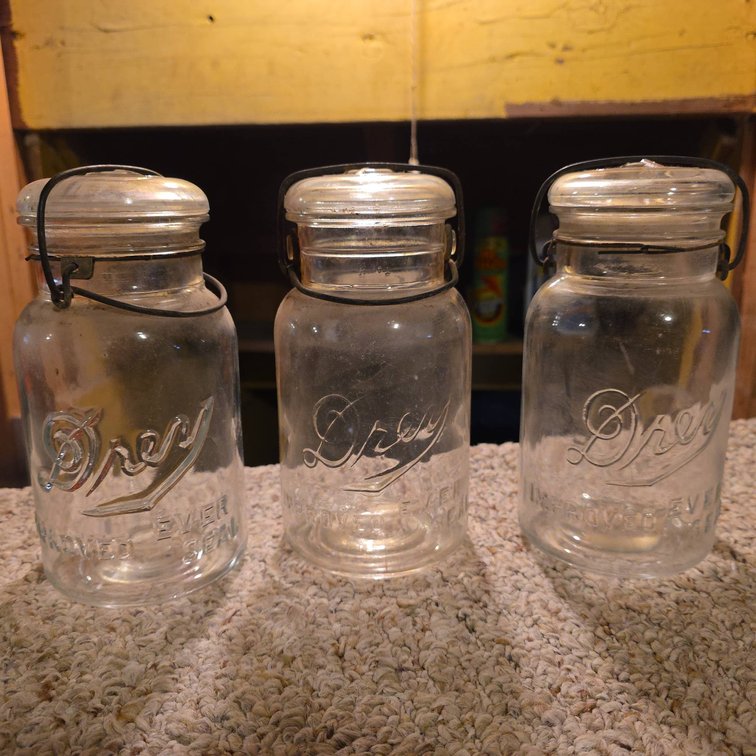 3 Drey Improved Ever Seal Glass Canning Jars with Wire Bale Lids