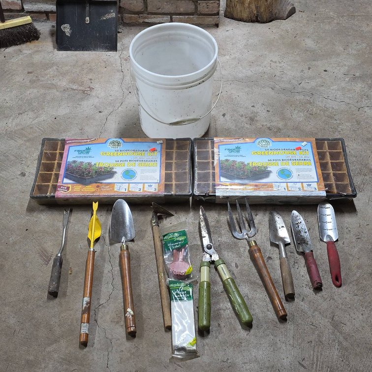 Garden Tool Lot With Planter's Pride Greenhouse Kits, Hand Tools, and Plant Labels