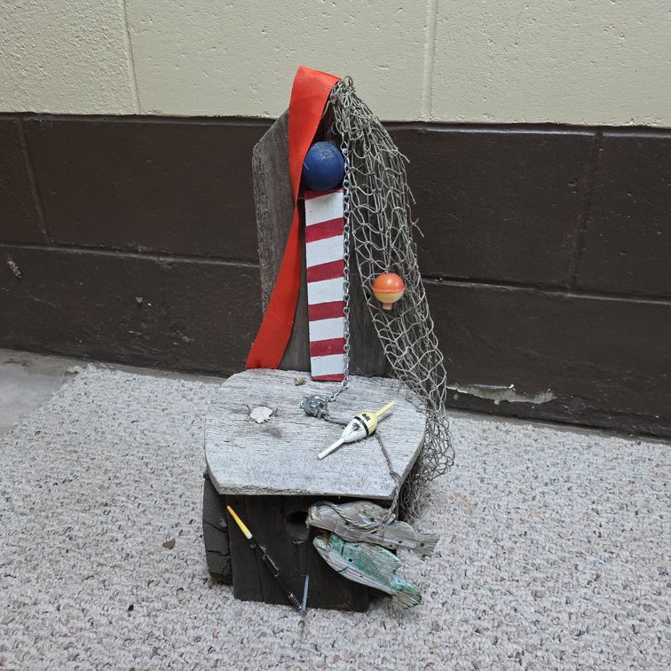 Handcrafted Nautical Birdhouse With Lighthouse Motif, Fishing Net, and Fish Décor