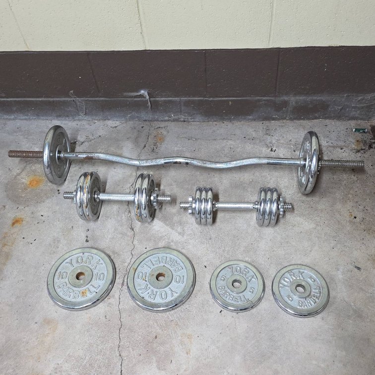 York Barbell Chrome Weight Set With Curl Bar, Dumbbells, 5 lb and 10 lb Plates
