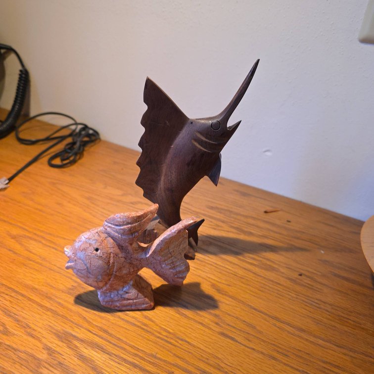 2 Decorative Fish Figurines: Dark Wood Marlin and Pink Marble-Look Stone Fish