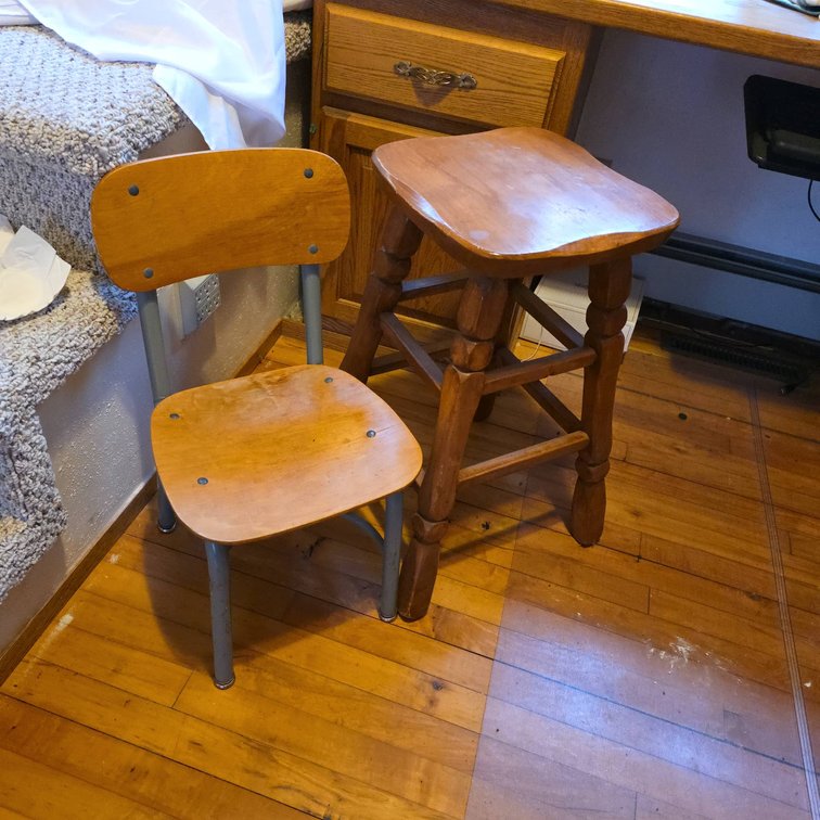 Wooden Bar Stool and Children's Chair, Mixed Materials, Set of 2