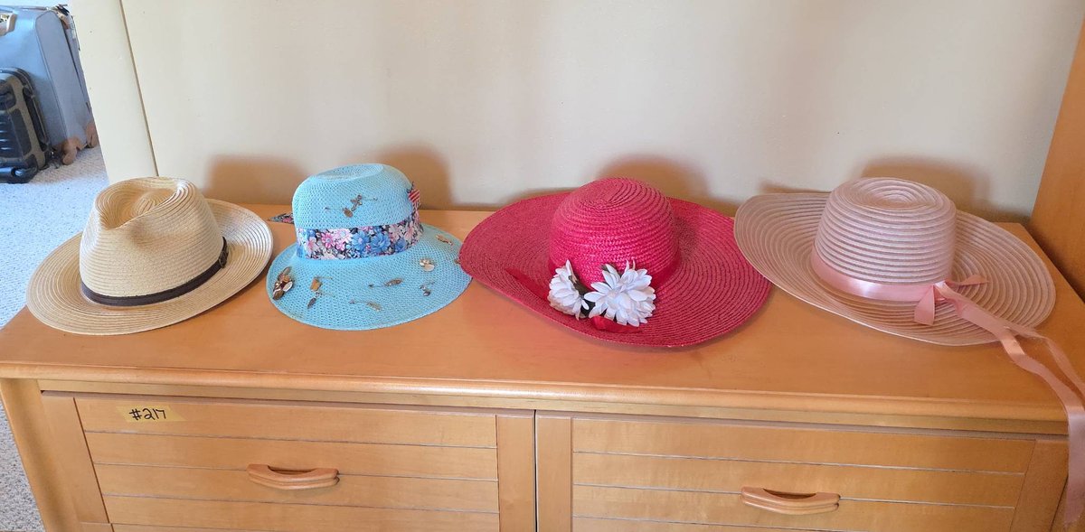 Four Women's Hats Including Scala Toyo Fedora, Decorated Blue Hat With Pins, Pink and Pale Pink Hats