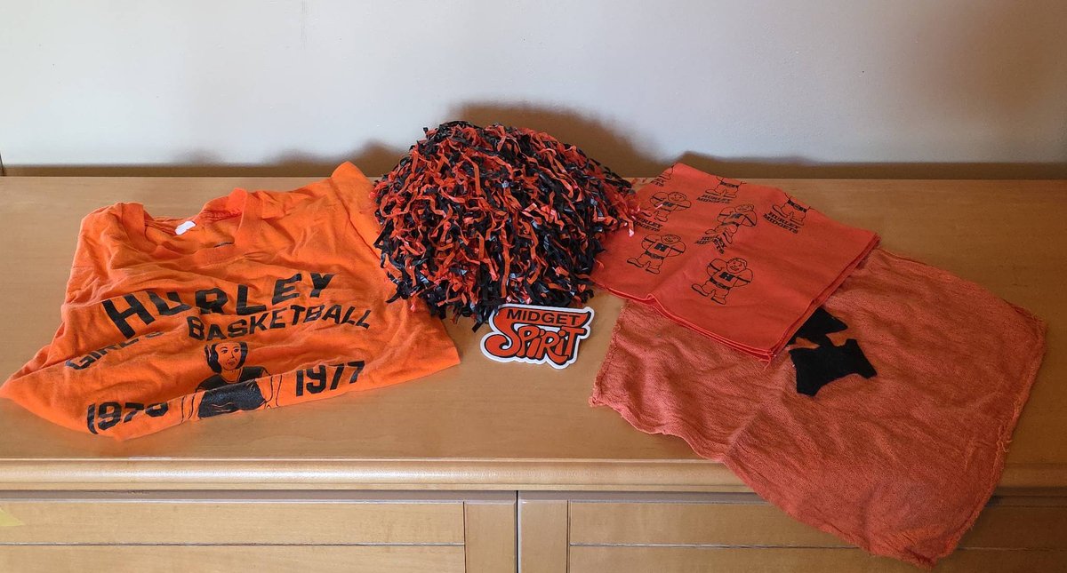 Hurley Midgets 1976-77 Girls Basketball Coach Shirt, Spirit Pom, Bandana, Decal, and Towel Lot
