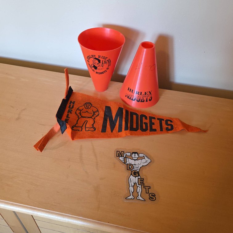 Hurley Midgets High School Memorabilia Collection With Pennant, Two Mini Megaphones and Sticker