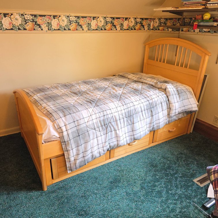 Wood Twin Bed Frame With Three Underbed Drawers, Mattress, and Plaid Bedding Included