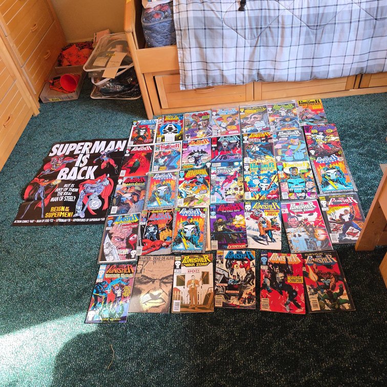 (34) Marvel The Punisher Comic Books and (1) Reign of the Supermen Superman Poster