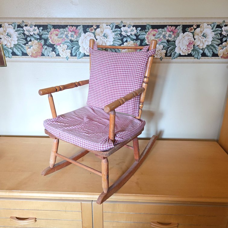 Wooden Child's Rocking Chair with Red Gingham Cushion and Arms
