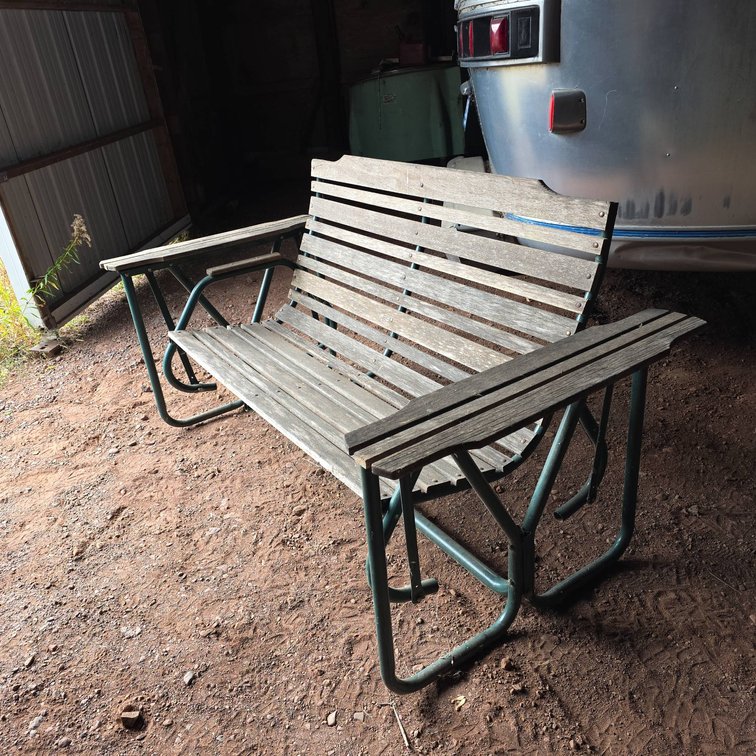 Outdoor Bench with Slatted Wood Seat and Back, Green Metal Frame and Integrated Armrest Tables