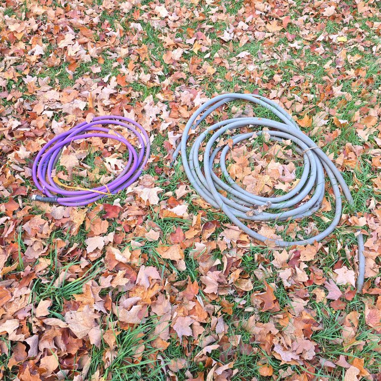 Garden Hoses, One Purple and One Gray, Longest Approximately 20 Feet, with Connectors