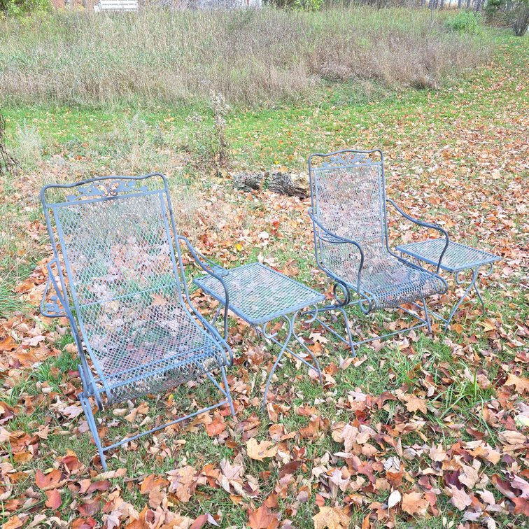 Wrought Iron Patio Chairs With Mesh Seats, Scroll Arms, Two Square Side Tables, Leaf Motif