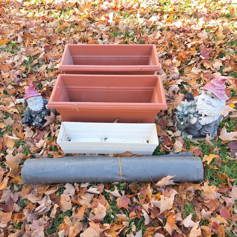 Garden Decor Lot: 2 Gnome Statues, Metal Bluebird, Planter Boxes, and Landscaping Fabric Roll