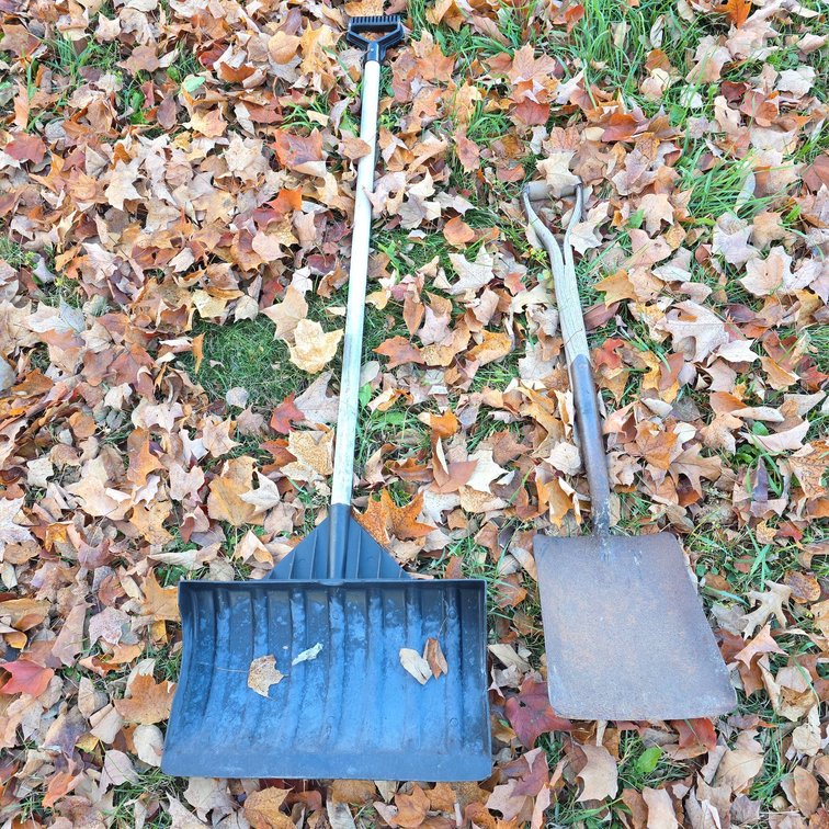 2 Garden Tools: Metal Spade with D-Handle and Plastic Snow Shovel with Wood Handle