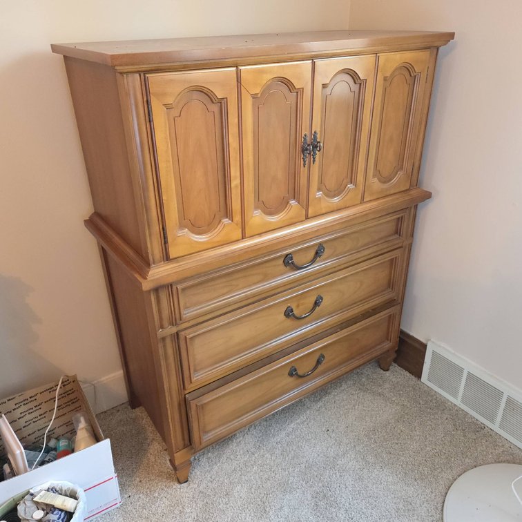 Dixie Solid Wood Five Drawer Dresser With Upper Cabinet and Ornate Hardware