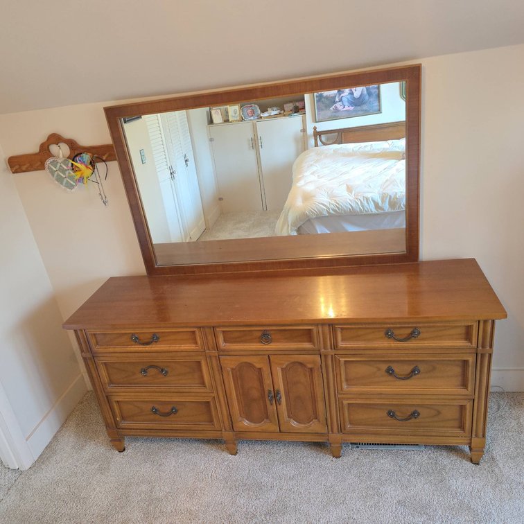 Dixie 9 Drawer Wood Dresser With Attached Mirror, Detailed Handles
