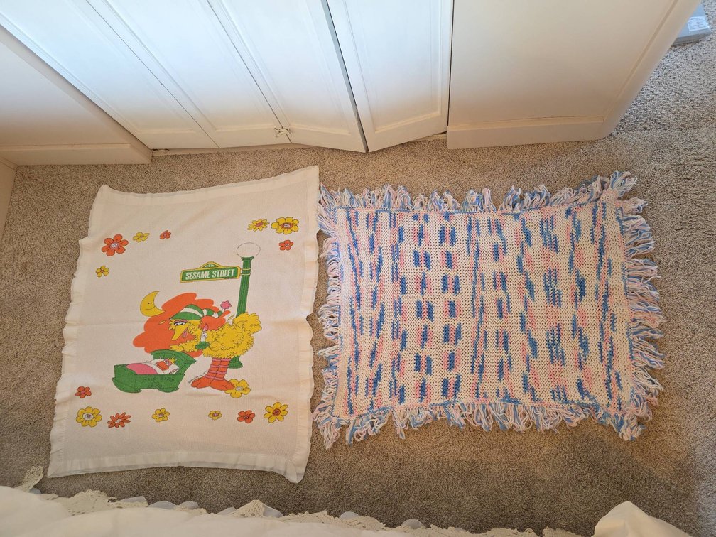 Two Vintage Baby Blankets: Hand Crocheted Fringe Blanket and Sesame Street Big Bird Print Blanket