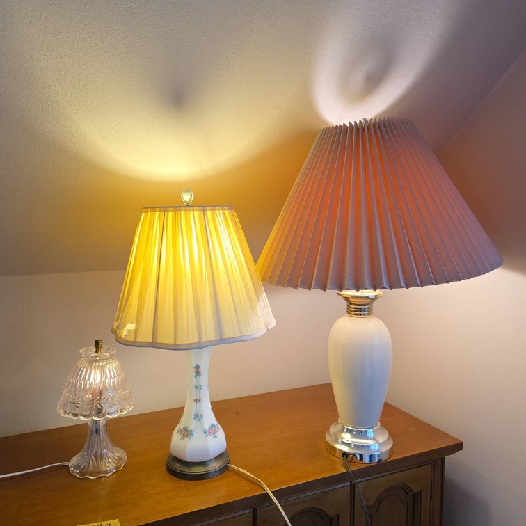 Three Tested Working Table Lamps Including Glass, Porcelain Floral, and Ceramic with Shades