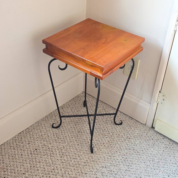 Square Wood Top Accent Table With Black Metal Scrollwork Base, 14" x 23"
