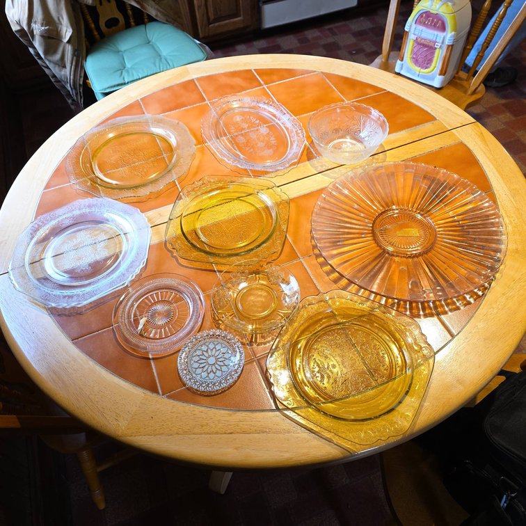 Set of 11 Depression Glass Plates and Bowls in Amber and Clear with Etched Floral Patterns