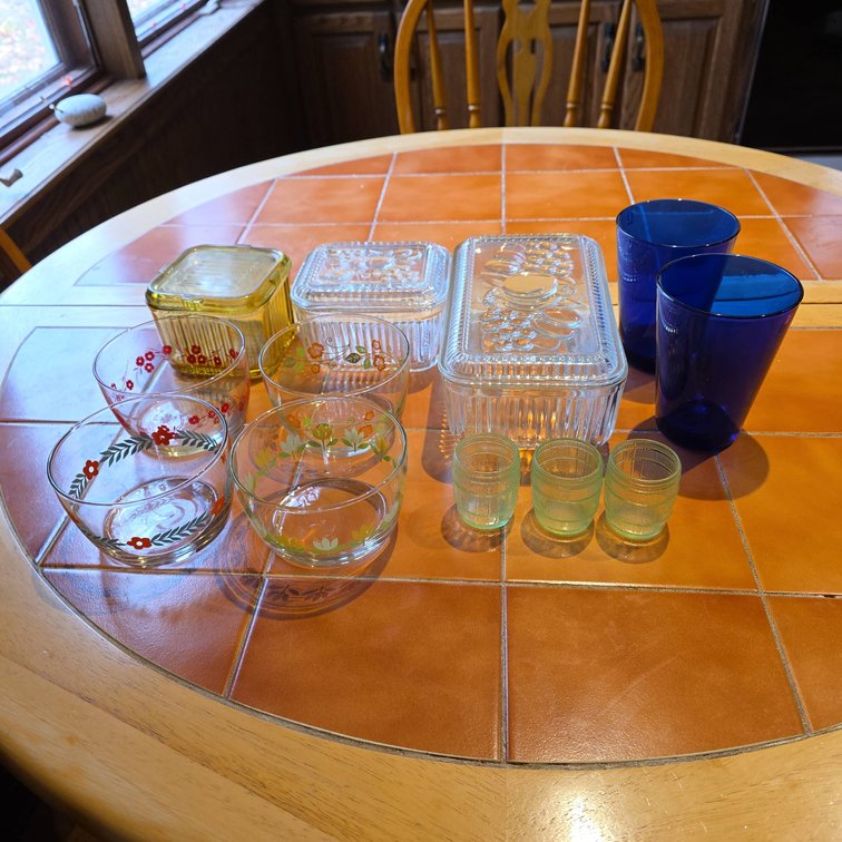 12 Glassware Pieces Including Iittala Blue Tumblers, Patterned Bowls, Butter Dishes, Barrel Cups