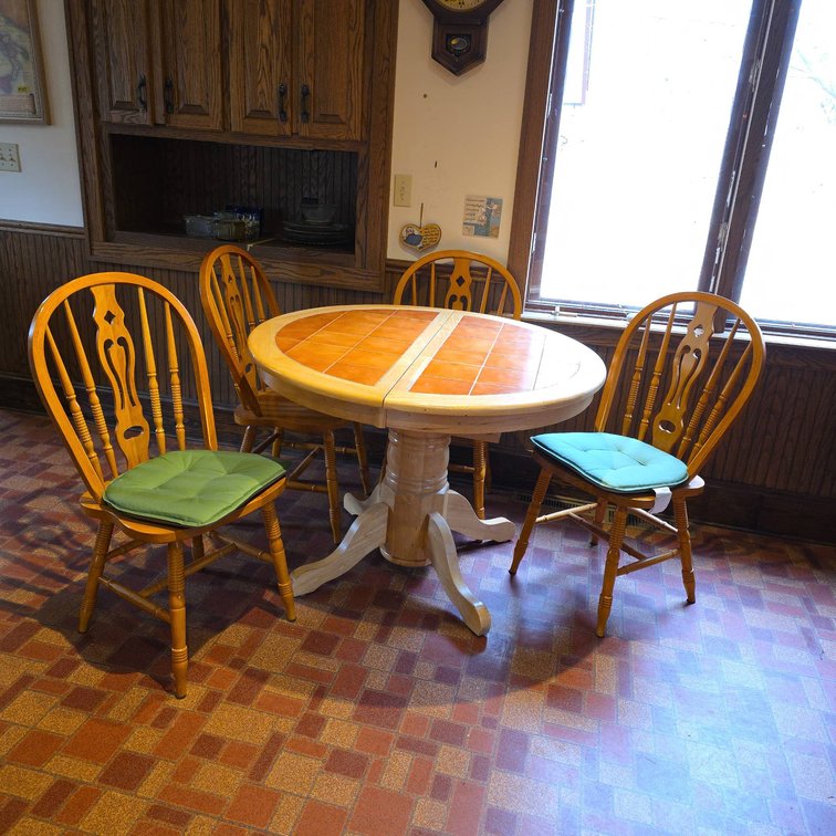 Tile-Top Round Pedestal Table With Four Wood Windsor-Style Chairs, 42" Diameter Tabletop, Matching Set