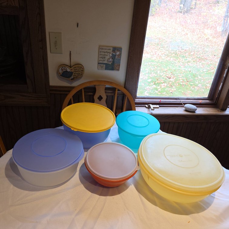 Tupperware Assortment, (10) Pieces, Assorted Colored Bowls with Lids, Plastic Food Storage Containers