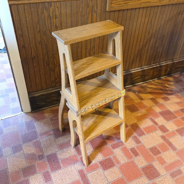 Convertible Oak Library Chair and Step Stool, Folding Design