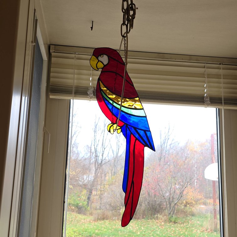 Colorful Stained Glass Parrot Hanging Suncatcher with Metal Hoop, 17" Macaw or Toucan Overall Length