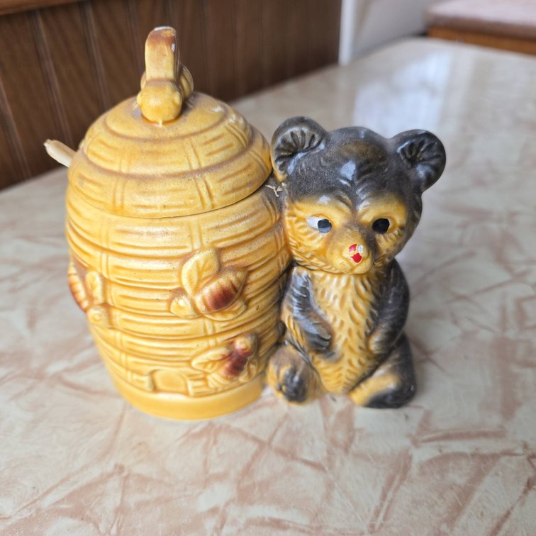 Ceramic Honey Bear Sugar Dish With Beehive, Spoon Included, Noted Chips On Beehive Lid, Bear Nose, And Foot