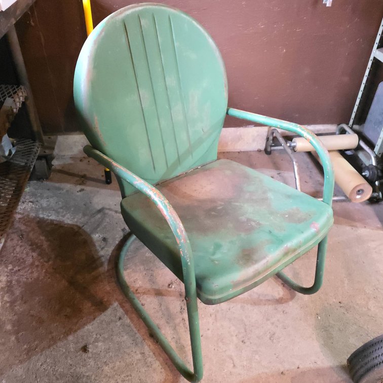 Green Metal Shop Chair with Patina and Signs of Age, Tubular Frame, Slatted Backrest