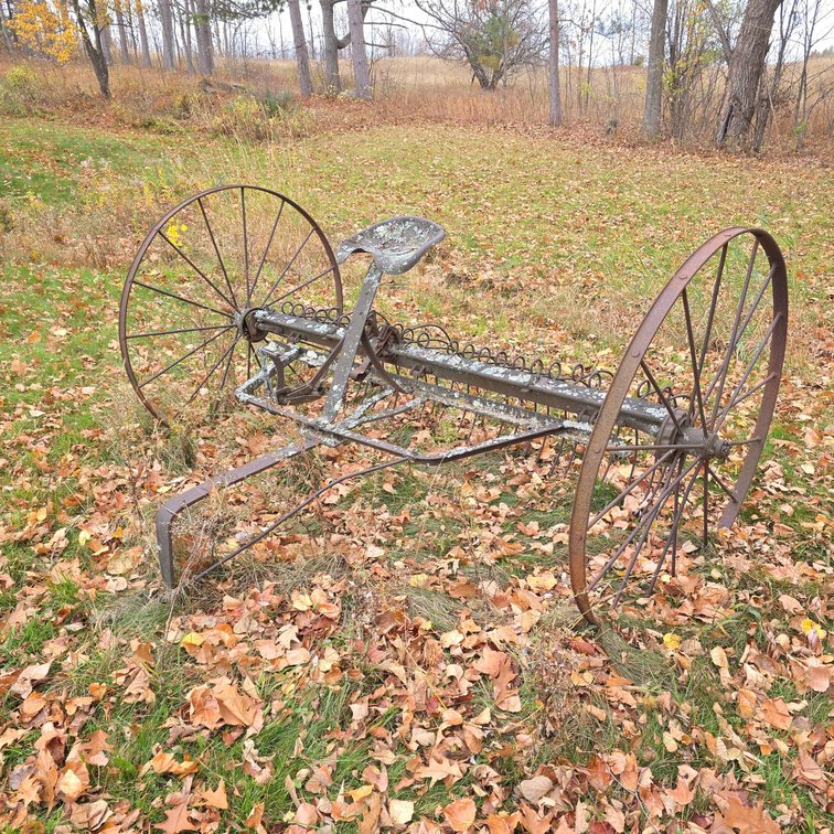 Antique Steel Horse-Drawn Hay Rake for Mule Team, Large Spoked Wheels