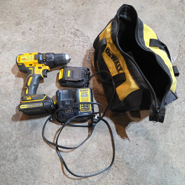 DeWalt 20V Max DCD777 Cordless Drill with Lithium-Ion Battery, DCB107 Charger, Carry Bag, and Drill Bits