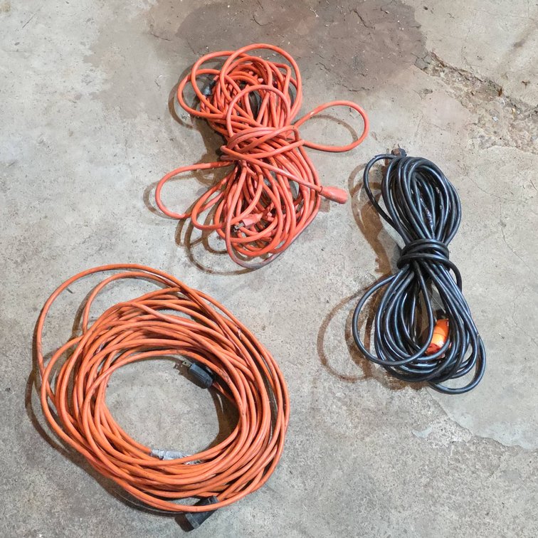 Three 50 Foot Extension Cords With Signs of Repair, Assorted Colors and Ends, All Insulated Outdoor Use