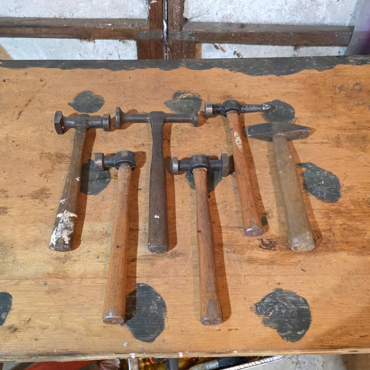 Six Assorted Vintage Metalworking Hammers with Wood Handles, Mixed Styles and Faces