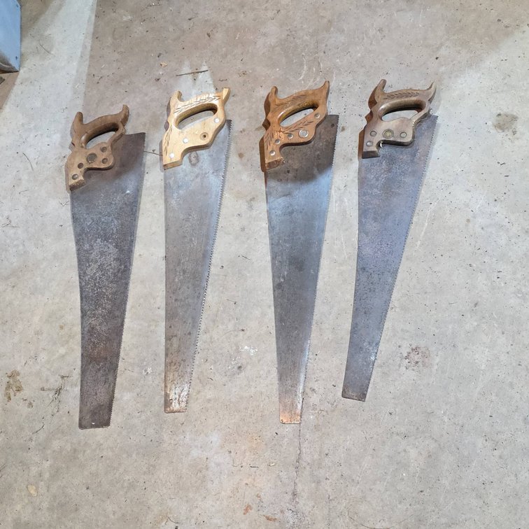 (4) Assorted Hand Saws With Wooden Handles Including Warranted Superior Marked Example