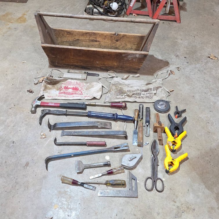 Carpenter’s Tool Lot With 31" Wood Box, Hammer, Crow Bar, Clamps, Chalk Line, Squares, Chisels, Pliers