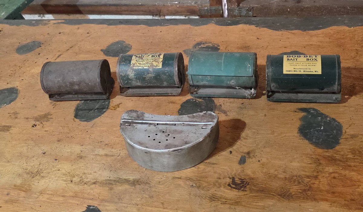 4 Bob-Bet Bait Boxes by Frabill and Alter's Sons, Mixed Condition, Metal Construction