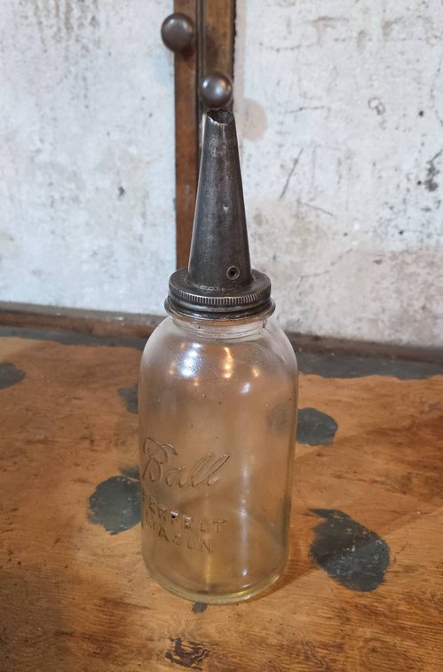 Ball Perfect Mason Half Gallon Oil Jar with Metal Spout, Embossed Glass, Vintage Utility Container