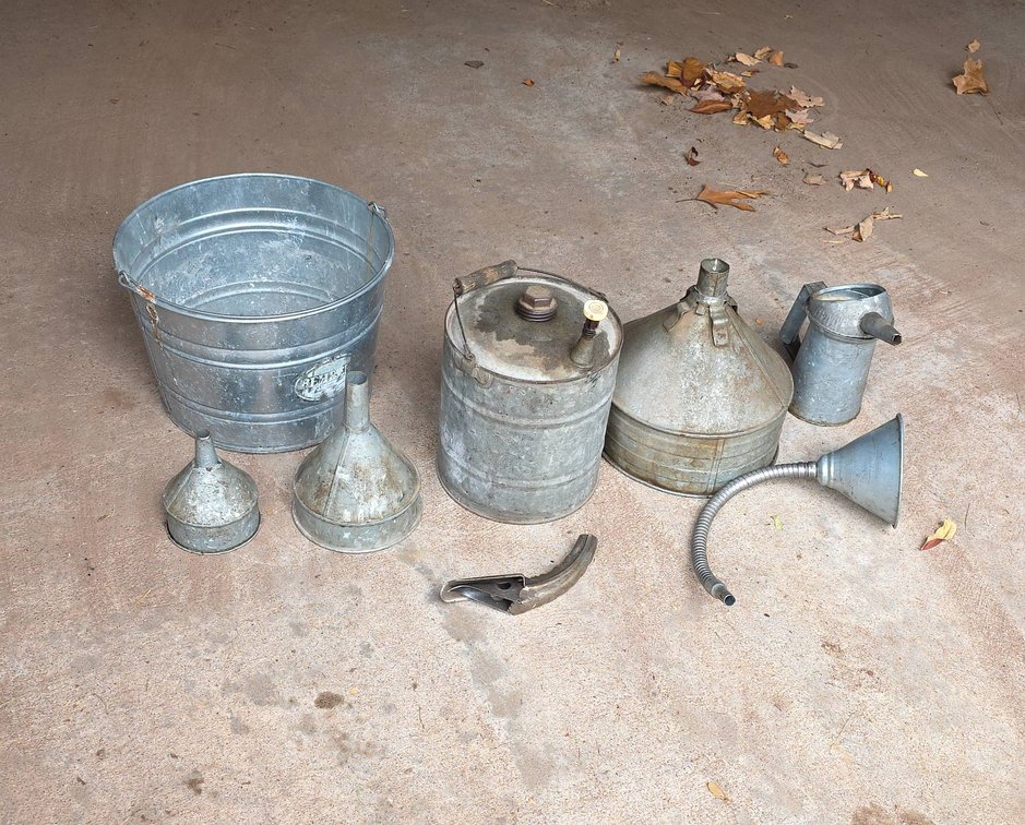 Galvanized Metal Utility Lot: Bucket, Funnels, Jerry Can, Oil Can, Flexible Spout