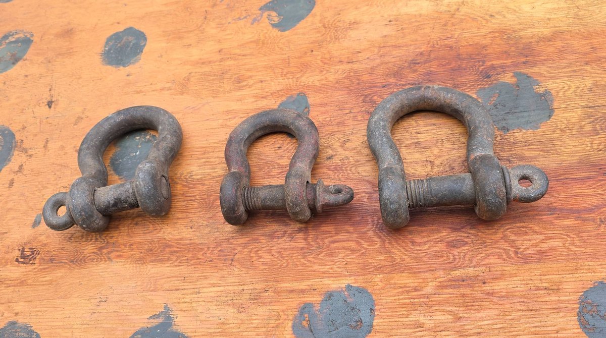 3 Forged Metal Shackles, Largest 7" Long with 1" Pin, Heavy-Duty Rigging Hardware