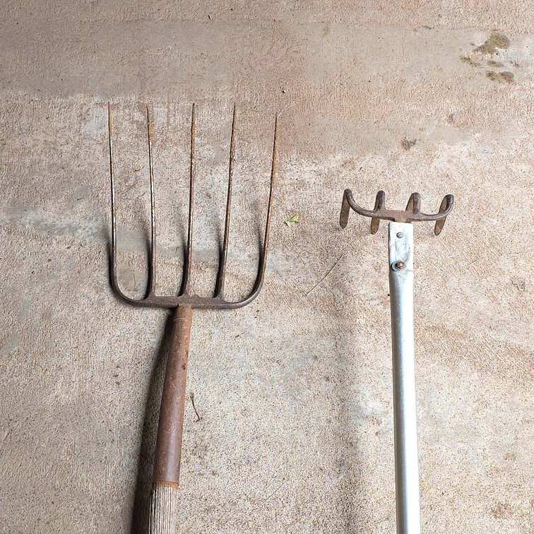 Five Tine Hay Fork and Four Tine Rake, Wood and Metal Handles, Lot of Two Farm Tools