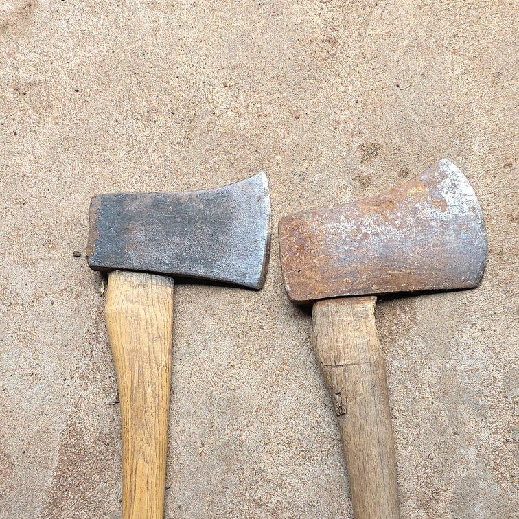 Single Bit Axes with Wooden Handles, Mixed Condition, Includes Rusted and Cleaned Examples