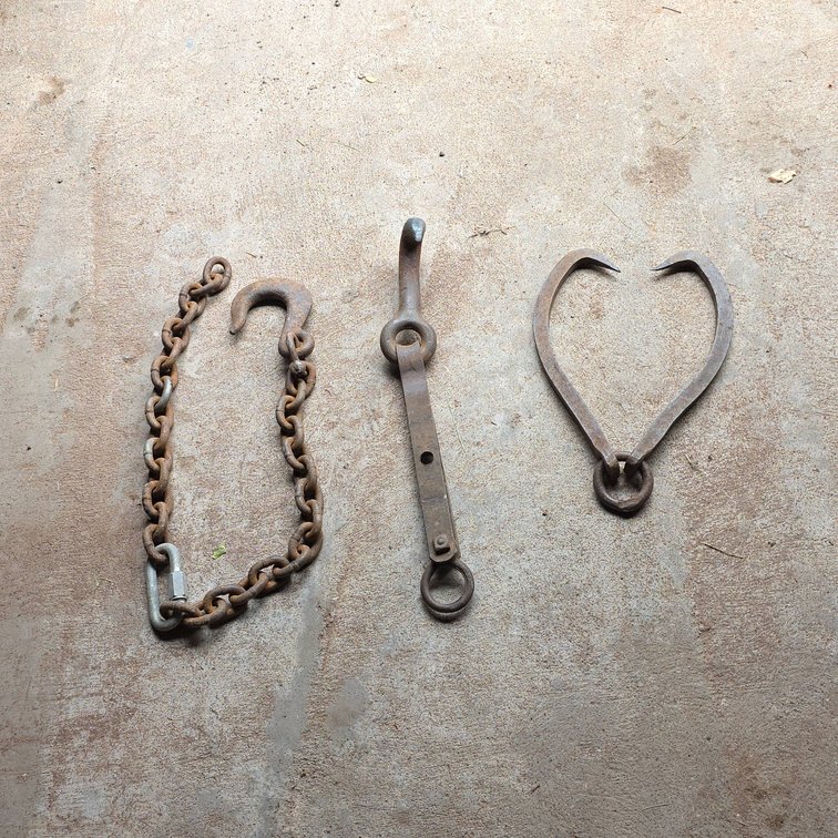 Antique Iron Logging Tools Including Log Hook, Cant Hook, and Ice Tongs Set