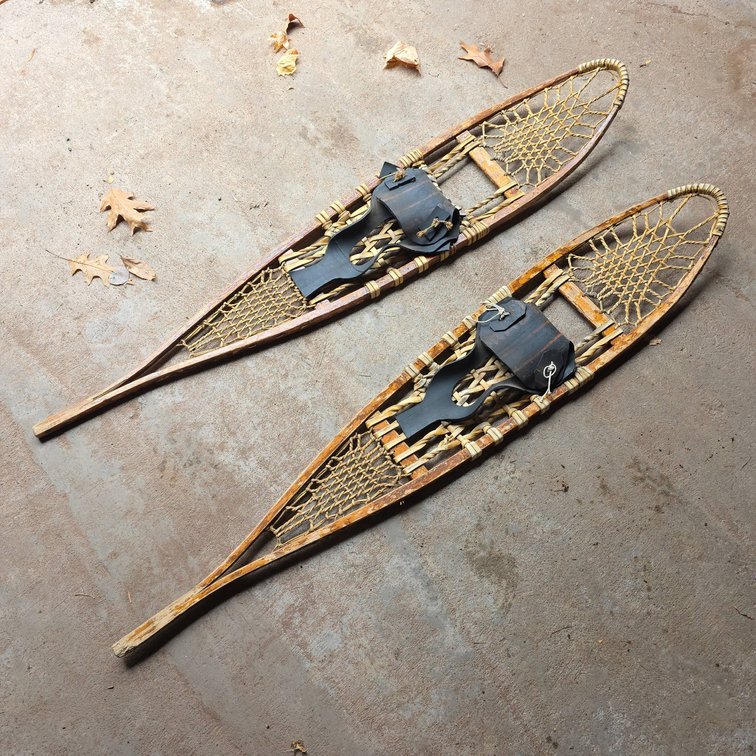 57-Inch Vintage Wood, Leather, Wicker, and Rubber Snowshoes with Traditional Webbing