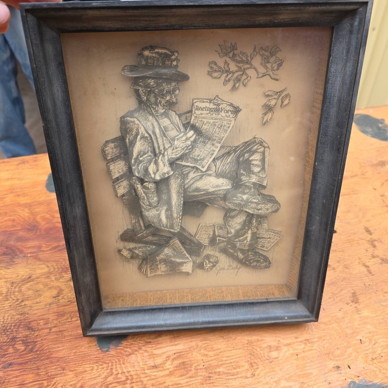 Jim Daly Signed 3D Print Artwork 'Still Trying' Framed Depicting Man Reading Racing Form on Bench
