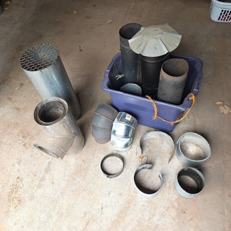 Smokestack Lightning Chimney Pieces and Heat Exchange Value Lot, Assorted Metal Ductwork and Fittings