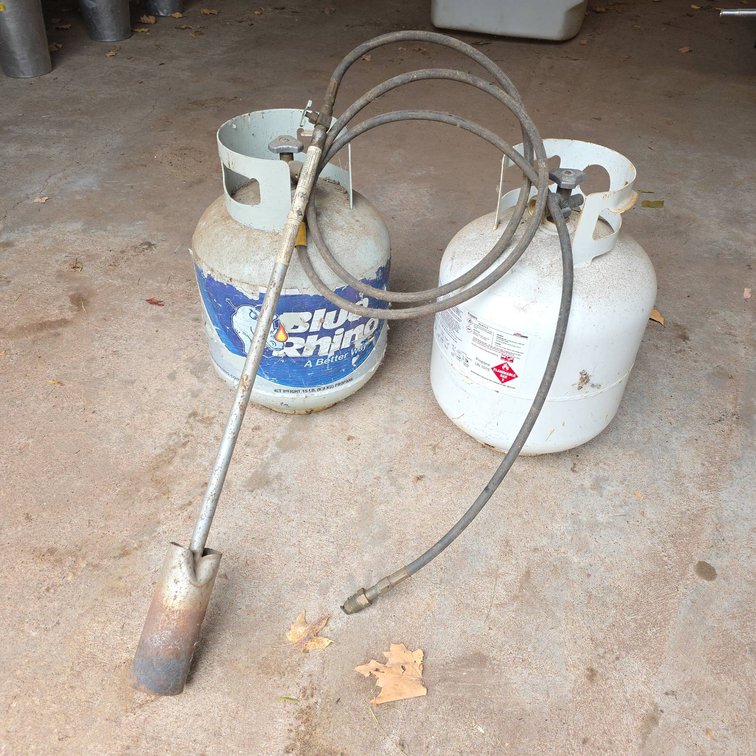 Two 15 lb Propane Canisters and Wand Torch with Hose and Valve for Heating or Weed Burning