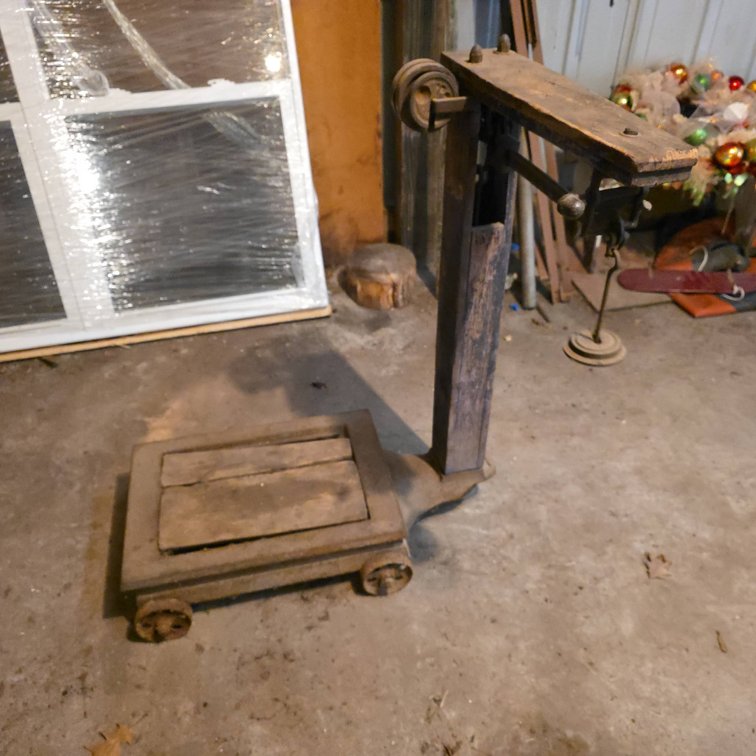 Antique 19x33x44 in. Feed Scale with Iron Platform, Wheels, and Counterweights
