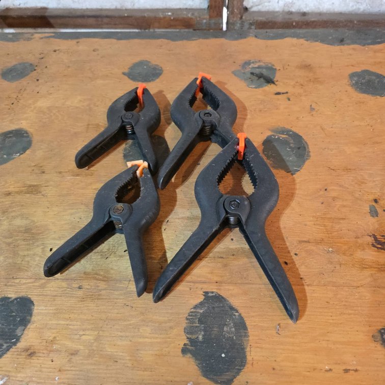 Four Plastic Spring Clamps With Orange Pivot Pads, Multipurpose Hand Tools