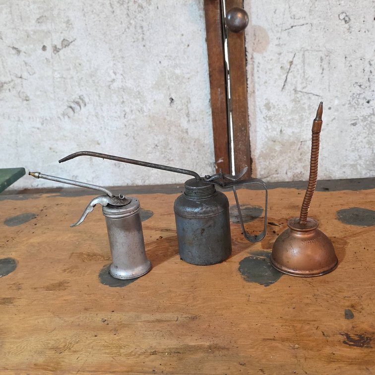 (3) Mixed Metal Oil Cans With Angled and Flexible Spouts Including One Copper-Plated Example